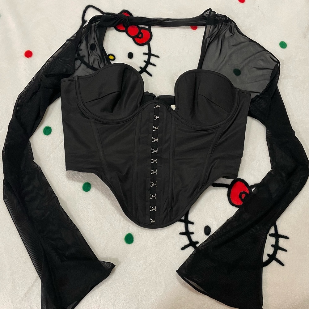 Elegant Black Bustier with Sheer Sleeves
